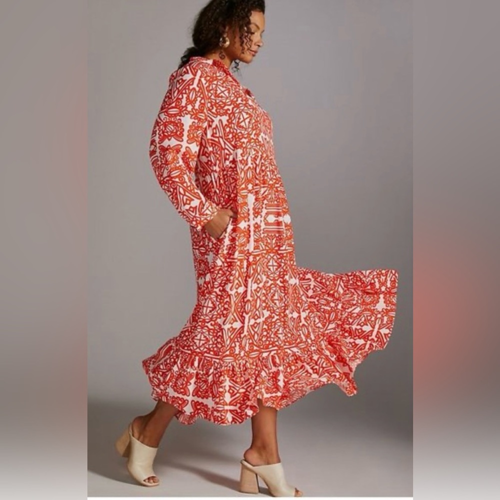 NWT Anthropologie Mare Mare Lynda Tiered Maxi Dress Red Orange Geometric Print L - Picture 2 of 14